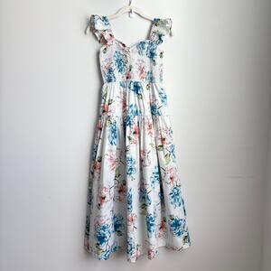 Abercrombie & Fitch White Poplin Floral Print Smocked Ruffle Sleeve Midi Dress
